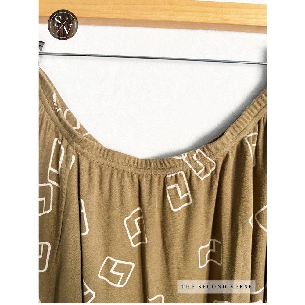 Pull On Elastic Waist Olive Green Geometric Printed Midi Skirt Lagenlook Size XL - Picture 3 of 6